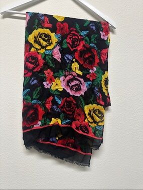 VEra Bradley Floral Rose Print Scarf in Black, Red, Yellow, Pink & Green